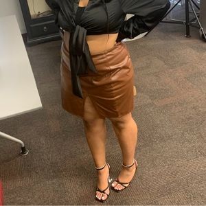 Brown Leather Plus Size Skirt w/ Slit- Plus Size